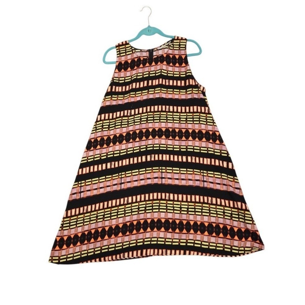Halogen Women XL Geometric Tribal Print Sleeveless Shift Dress Black Orange Pink